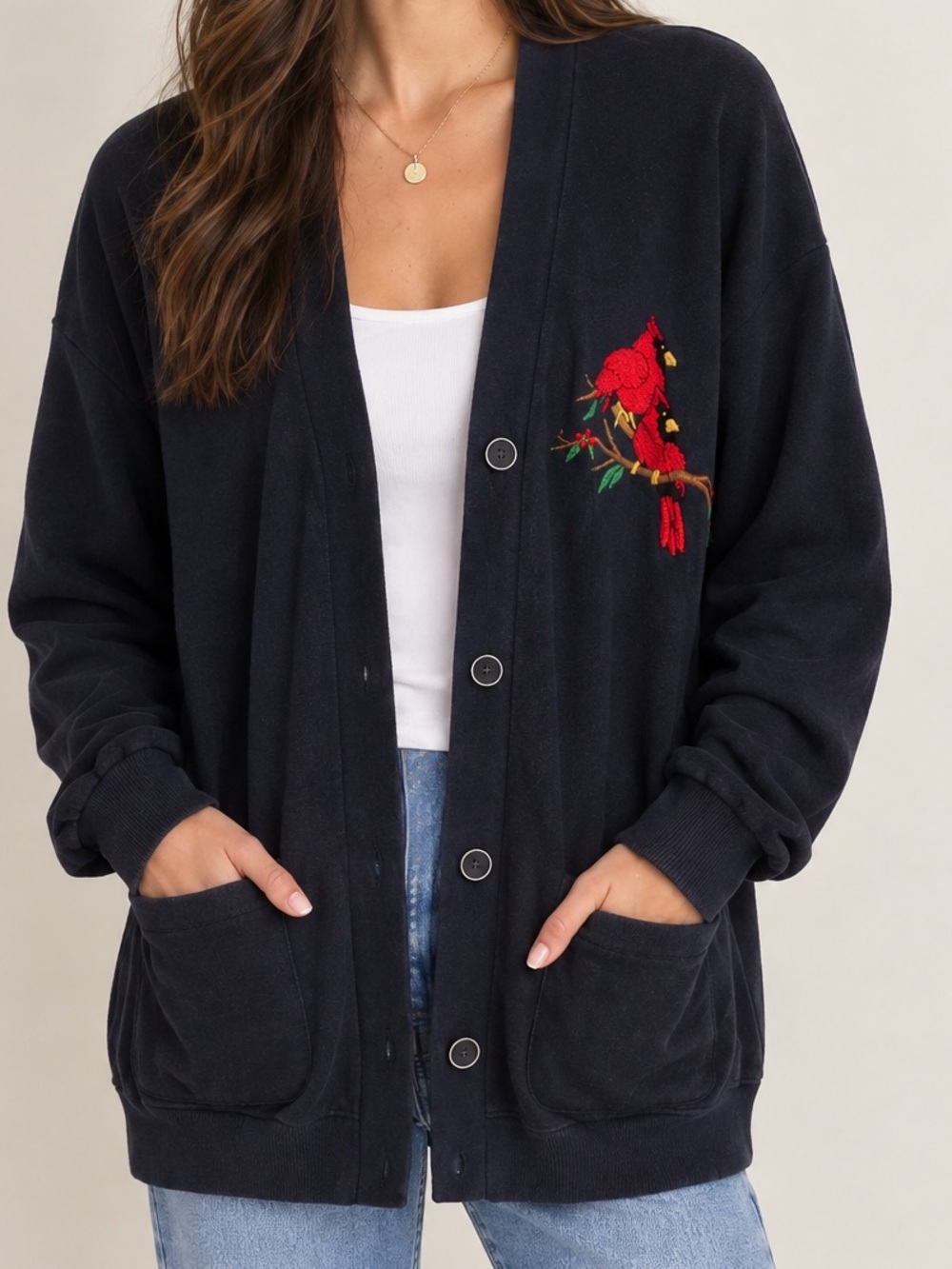 Made in Italy Navy Button Front Cardigan Sweater with Red Embroidered Bird